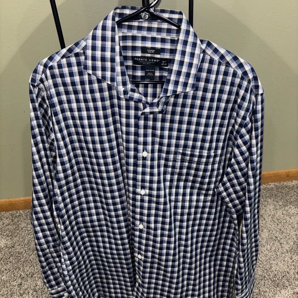 Pronto Uomo Men's Navy and White Checkered Shirt